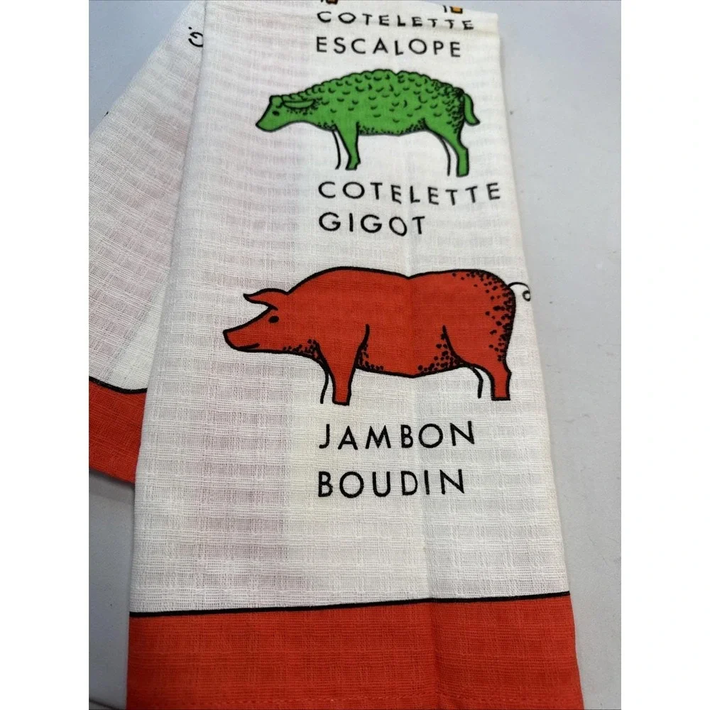 VTG French Tea Towel MCM Cuts of Meat Oddity Kitchen Butcher Calorie Rare Cotton